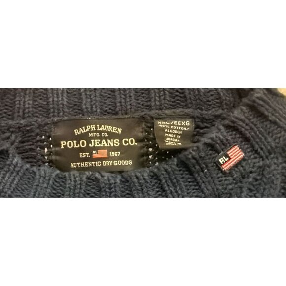Vintage Polo Jeans Co Sweater Men's XXL Navy Cable Knit Yellow Stripe Cotton RL - Picture 3 of 4